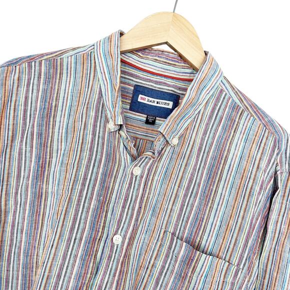 32 Bar Blues Multicolor Striped 100% Linen Long Sleeve Button Down Sz XL - Picture 1 of 5